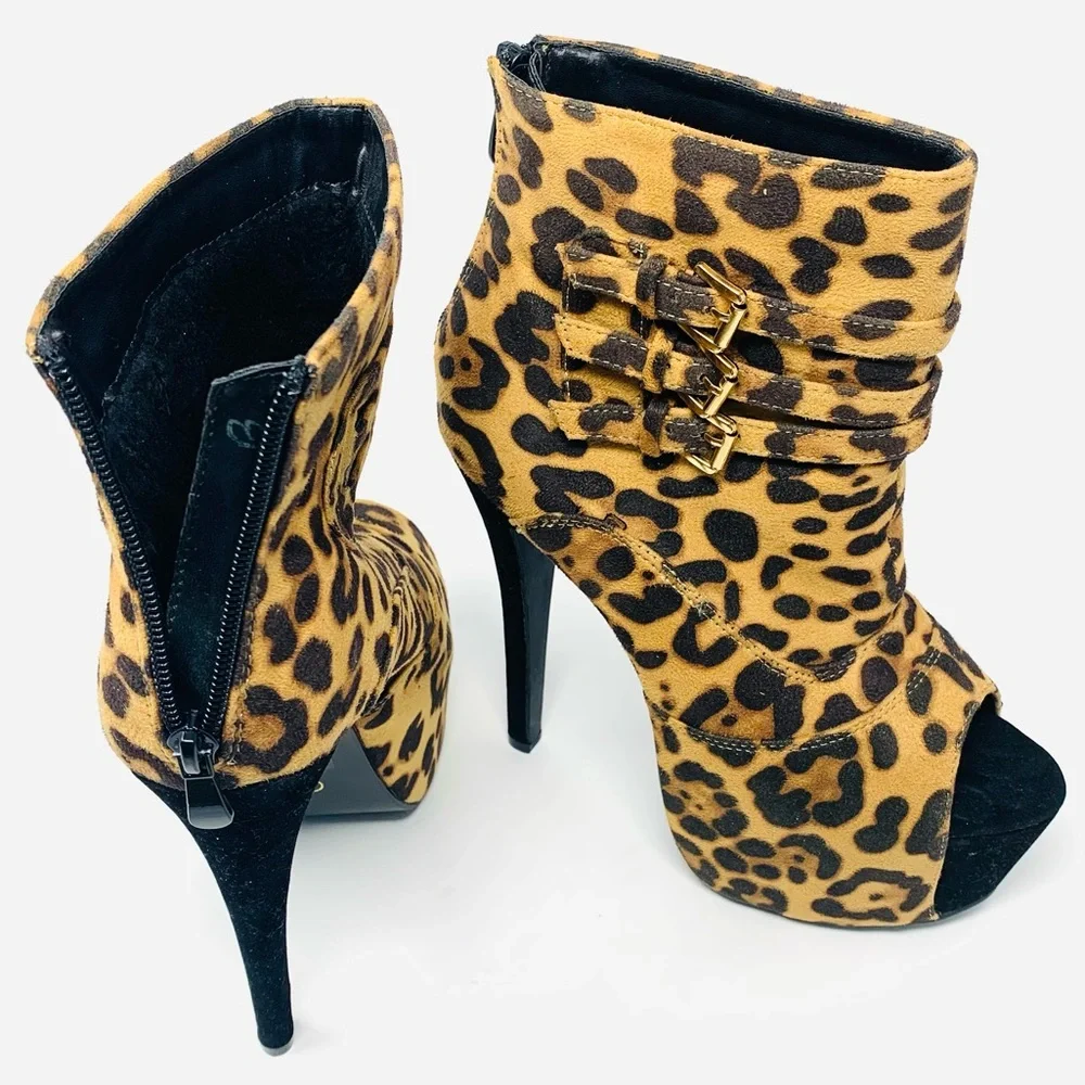 Generation Y Leopard Print Platform Heels Ankle Booties Stiletto Buckle Statemen